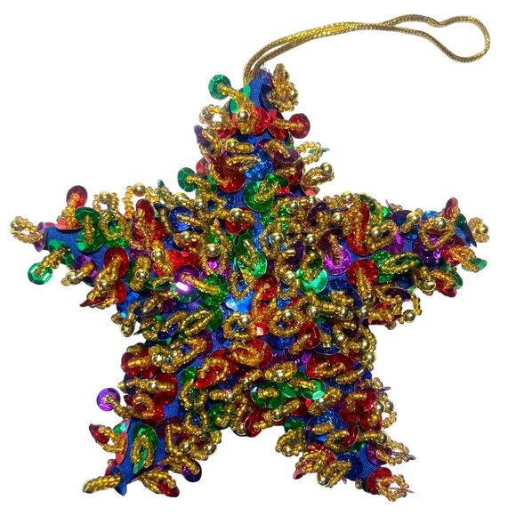 Handmade Sequin Beaded Christmas Tree Ornament 3D Star Multicolor 5 in - Picture 2 of 6